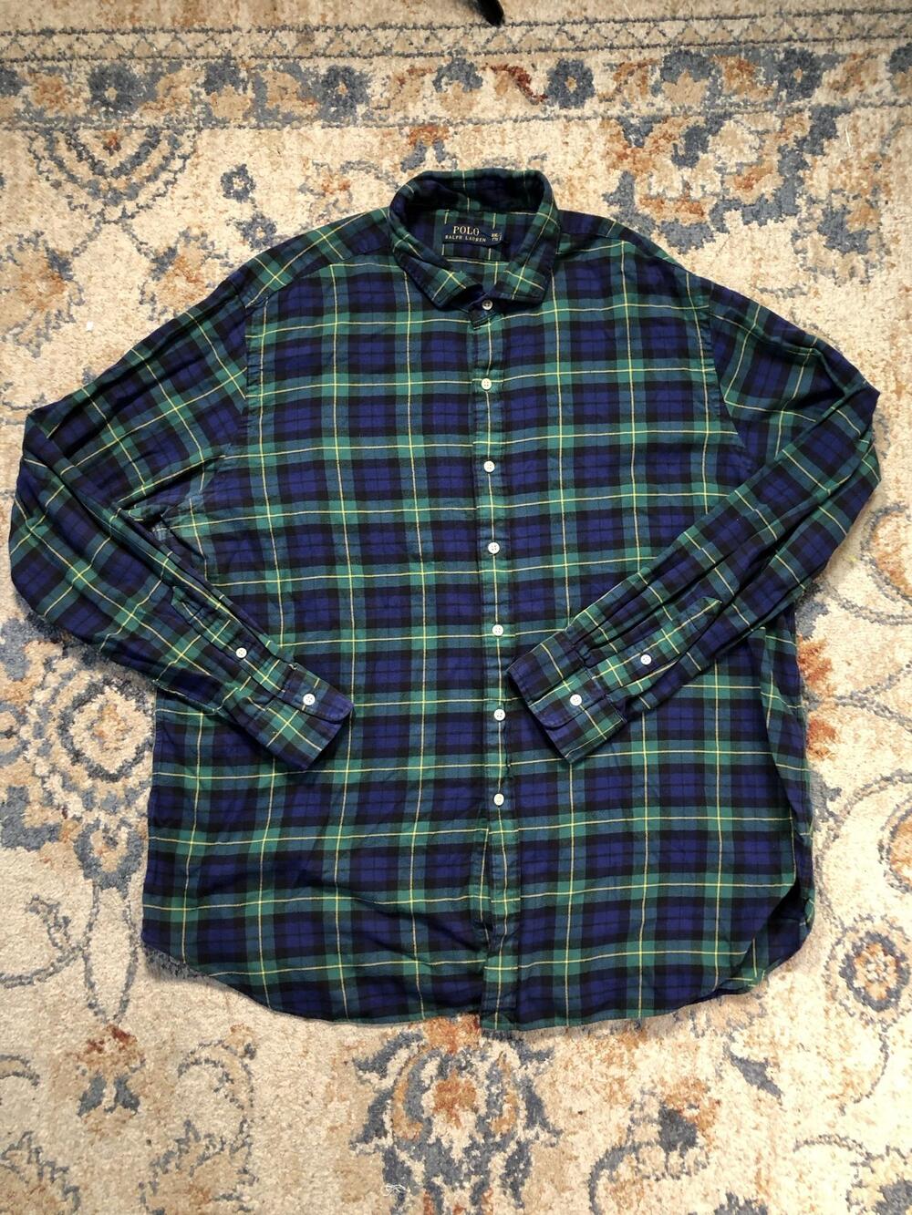 Polo Ralph Lauren Shirt Mens 2XL Blue Green Plaid Flannel Long Sleeve Button Up